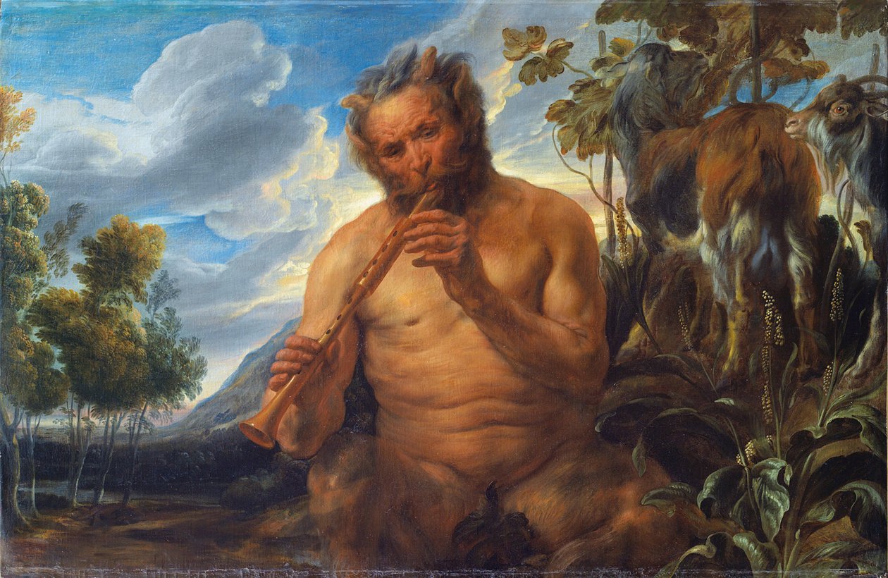 Satyr Playing the Pipe (Jupiters barndom) - Målning av Jacob Jordaens (1593-1678), olja på duk, cirka 1639, 99x155,5 cm - Satyr Playing the Pipe (Jupiters barndom), Olja på duk av Jacob Jordaens - Bilbao Fine Arts Museum av Jacob Jordaens