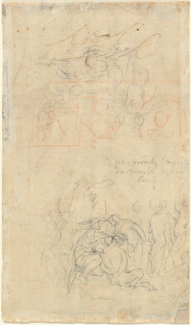 Ark med studier med den berusade pannan och nymfer [verso] av Jacob Jordaens
