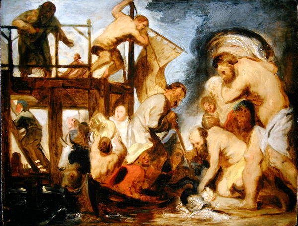 Skiss för St. Peter Hittar hyllningspengarna i fiskens mun (olja på panel) av Jacob Jordaens