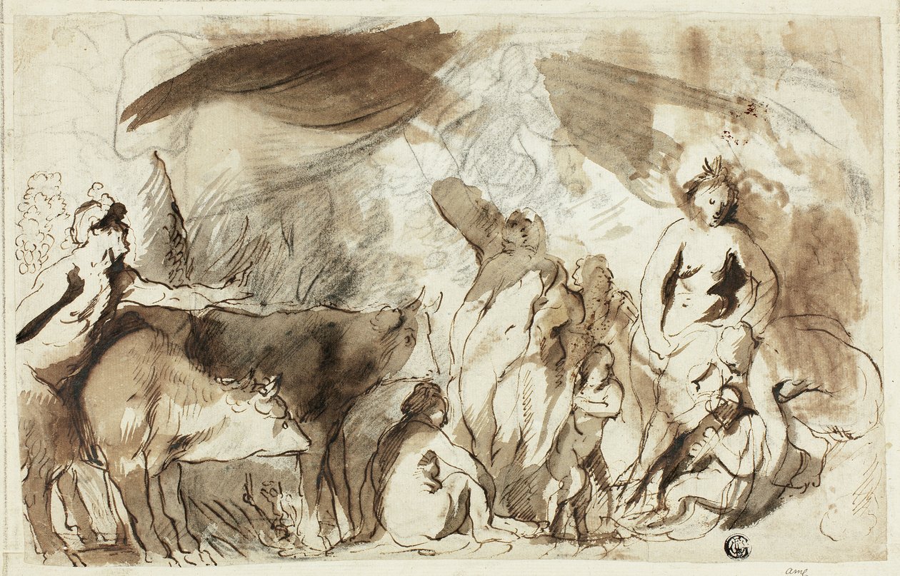 Studie för Sine Bacchus och Cerere Friget Venus (recto); Darius familj före Alexander (verso) av Jacob Jordaens