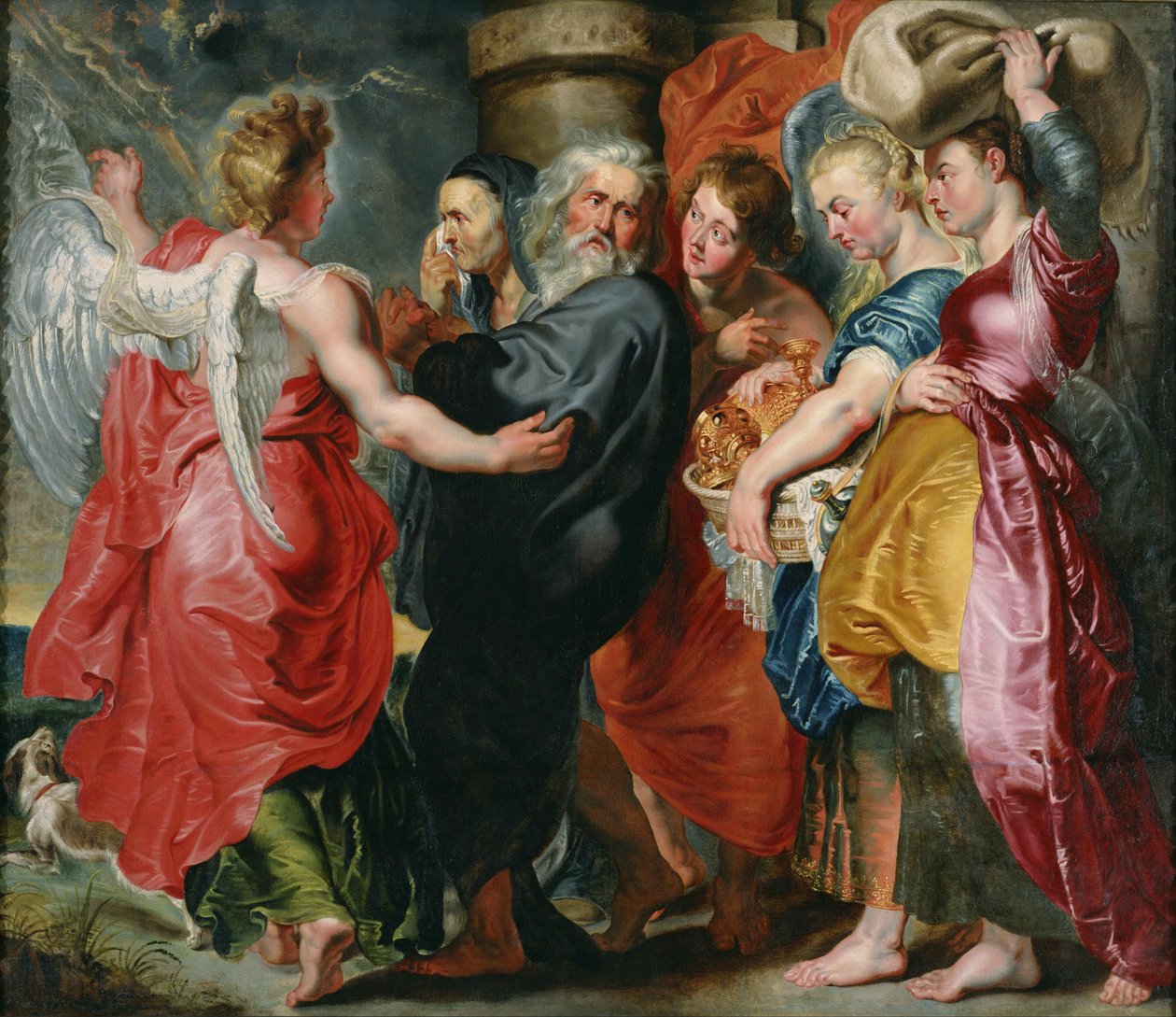 Lots och hans familjs flykt från Sodom efter Rubens, ca. 1618 av Jacob Jordaens