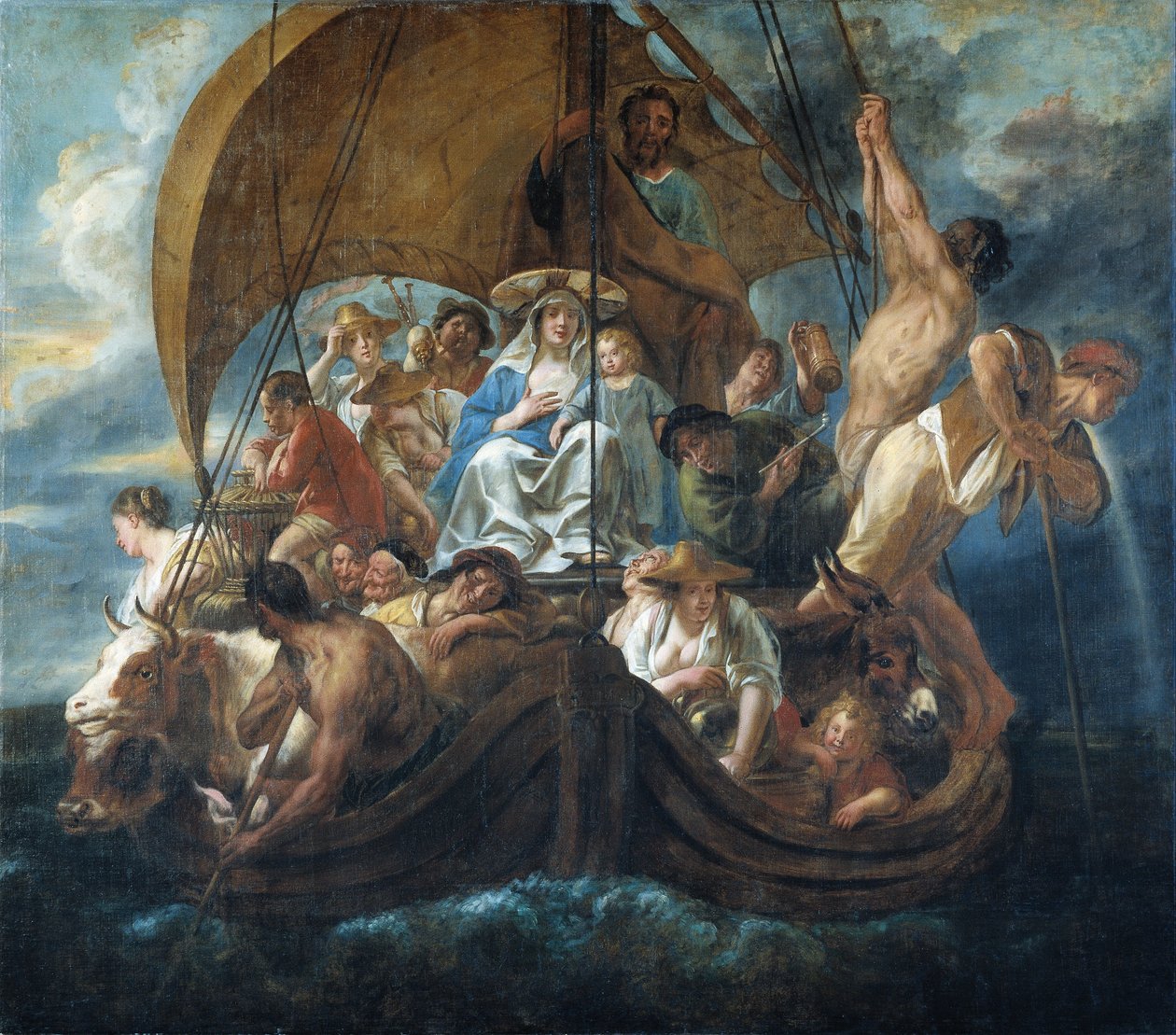 Den heliga familjen med olika personer och djur i en båt av Jacob Jordaens