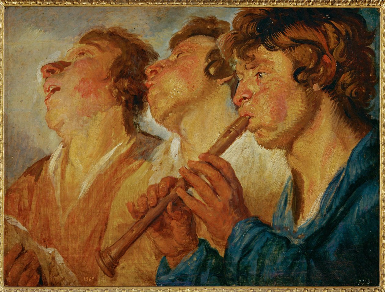 Tre kringvandrande musiker, två sjunger, en tredje spelar ... (målning på trä) av Jacob Jordaens