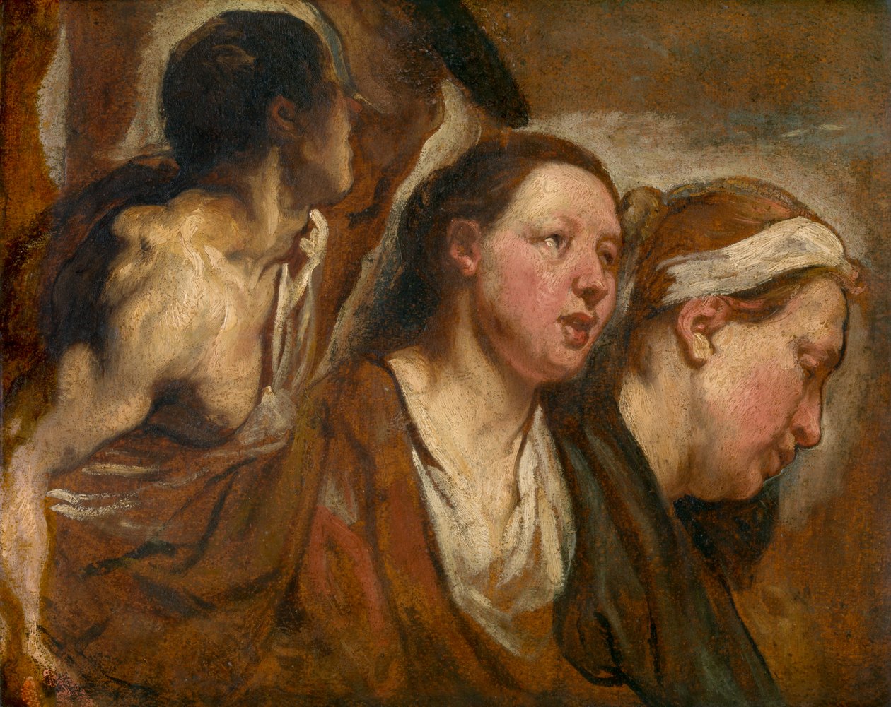 Två kvinnohuvuden och torso av en krigare av Jacob Jordaens