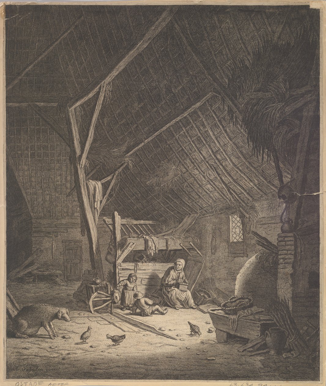 Interiör av en lada med mor och två barn, rakt framför en griskopia, 1600-talet. av Jacob Louys