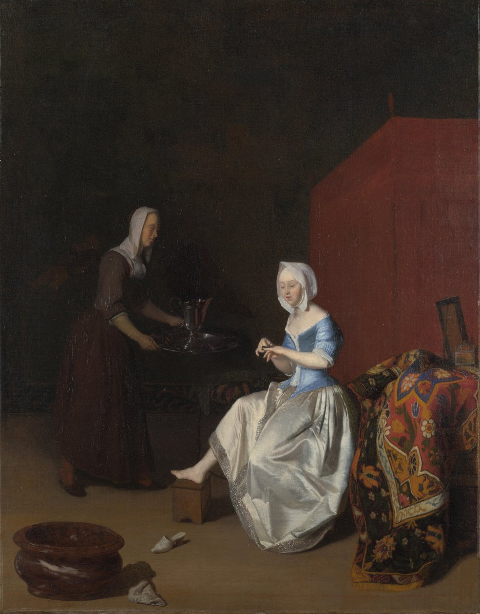 En ung dam som klipper sina naglar, med en tjänstebiträde, ca. 1670 av Jacob Lucasz. Ochtervelt
