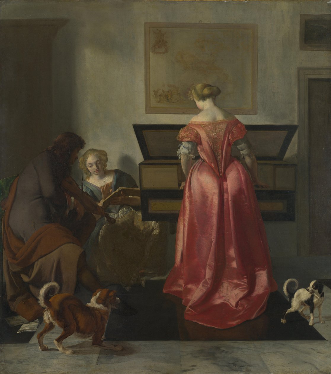 Två kvinnor och en man som gör musik, ca 1675 av Jacob Lucasz. Ochtervelt
