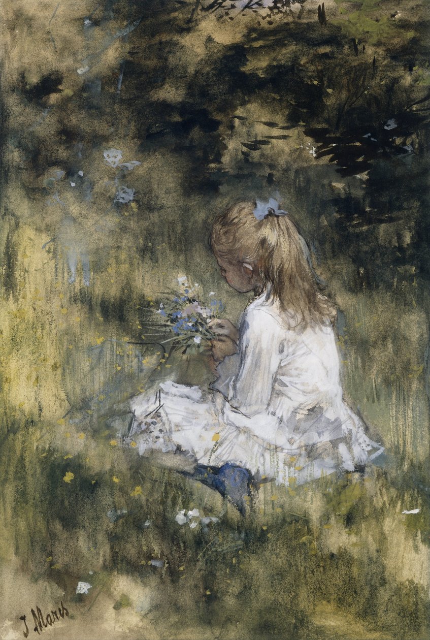 En flicka med blommor på gräset Dotter till Jacob Maris med blommor i gräset av Jacob Maris