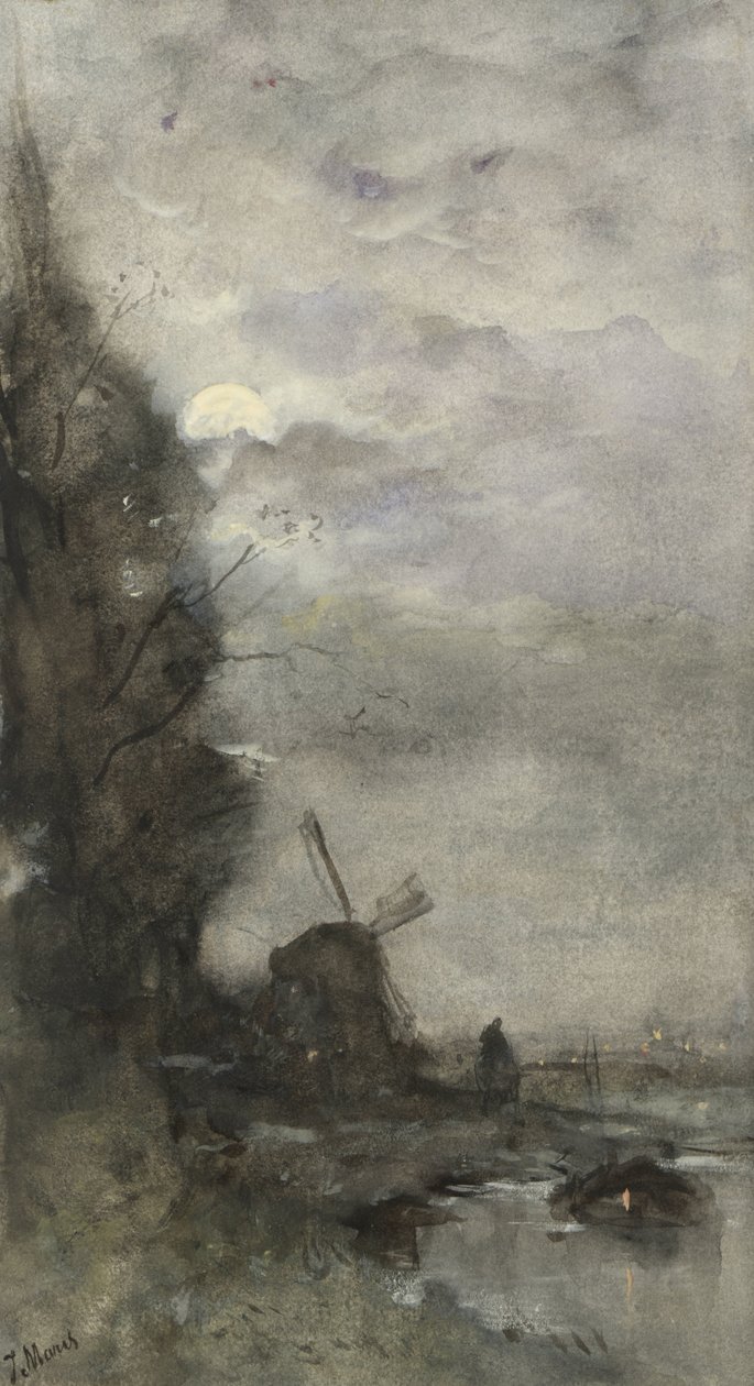 Landskap med kvarn i månsken av Jacob Maris