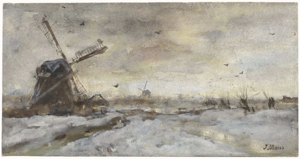 Landskap med en väderkvarn i snön av Jacob Maris