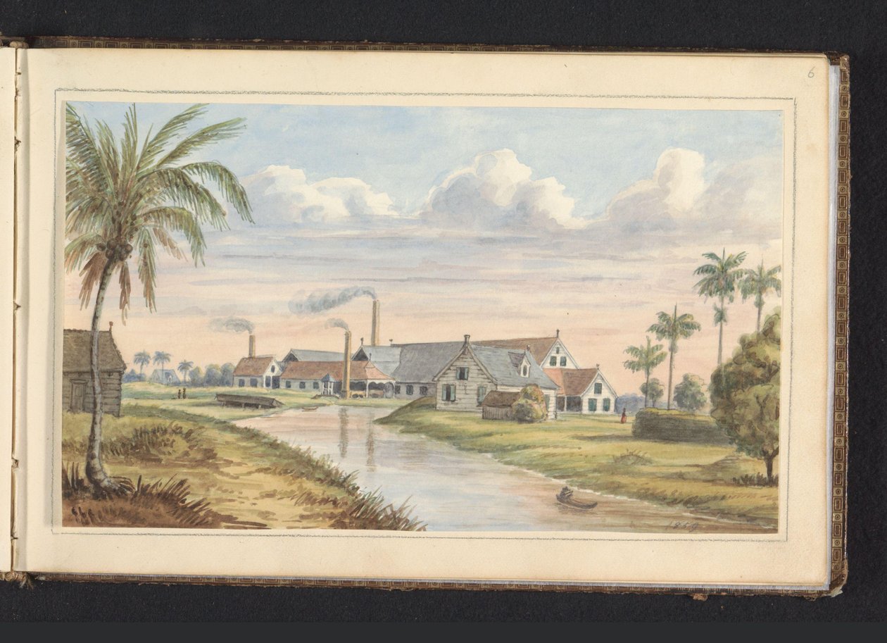 Sockerplantage Visserszorg vid Commewijne-floden Fabryk op pl.(antage) Visserszorg (titel på objekt) Album med teckningar av Surinam, s.6 (50) (serietitel) av Jacob Marius Adriaan Martini van Geffen