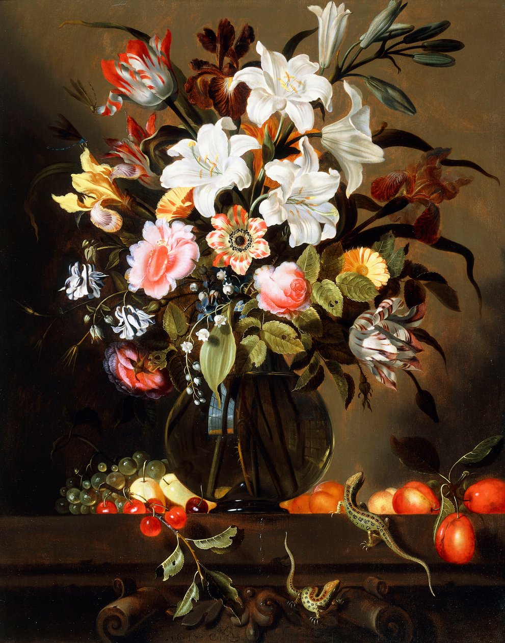 En bukett blommor med frukt och två sandödlor på en stenavsats, 1647 av Jacob Marrel