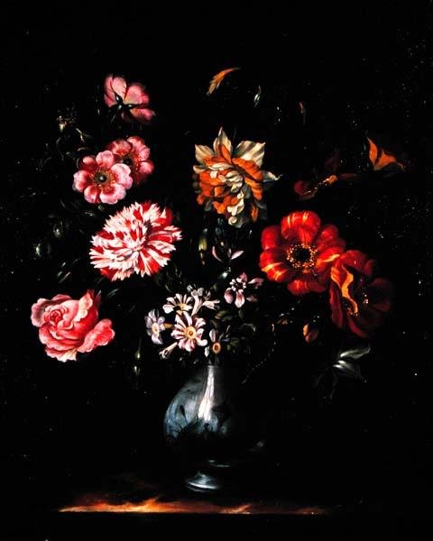 Blommor i en blå och vit vas (olja på duk) av Jacob Marrel