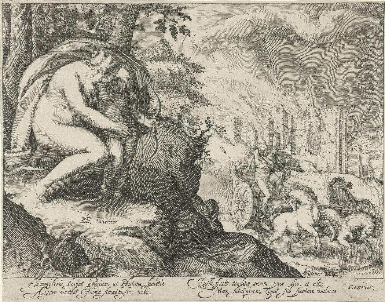 Venus uppmuntrar Amor att skjuta en pil mot Pluto av Jacob Matham (attributed to)