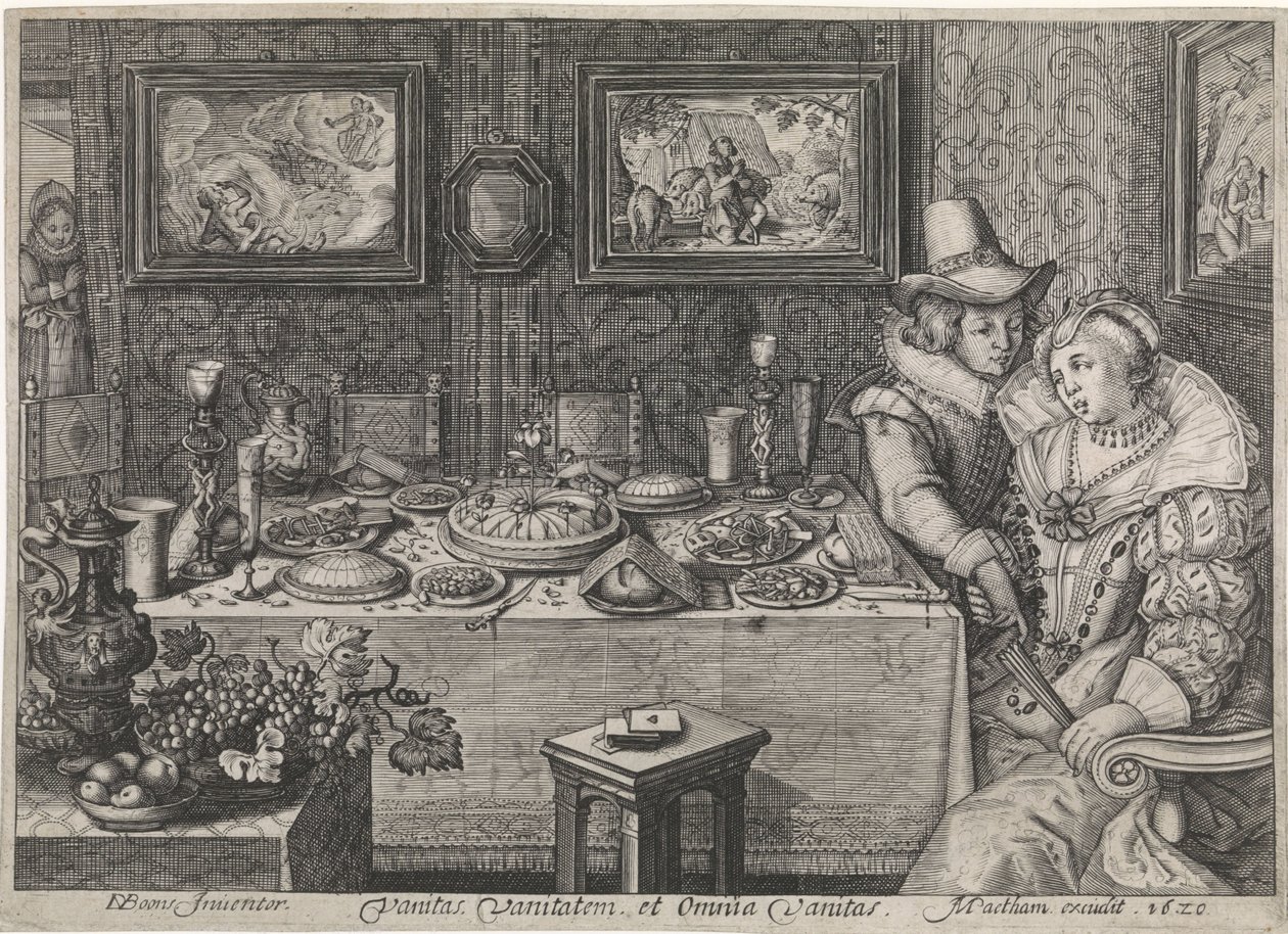 Ungt par sitter vid ett överdådigt laddat bord av Jacob Matham (workshop of)