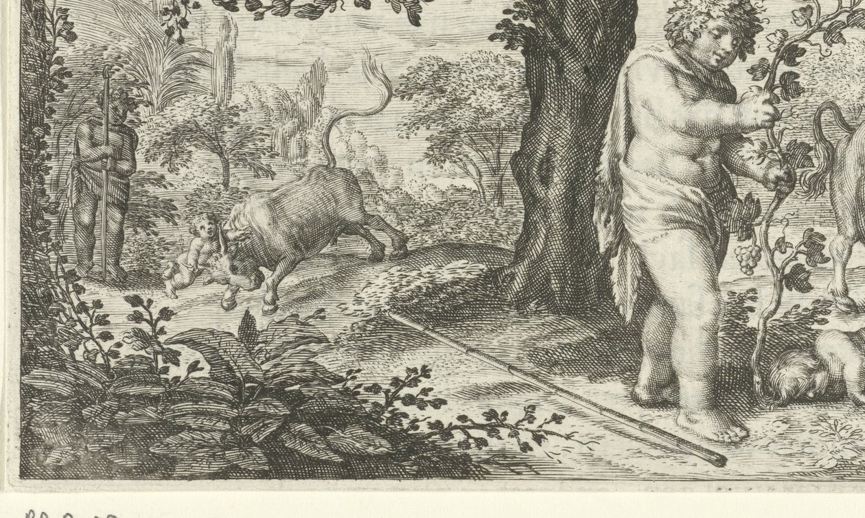 Bacchus och Ampelus av Jacob Matham