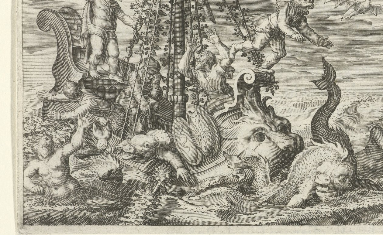 Bacchus förvandlar sina fångare till delfiner av Jacob Matham