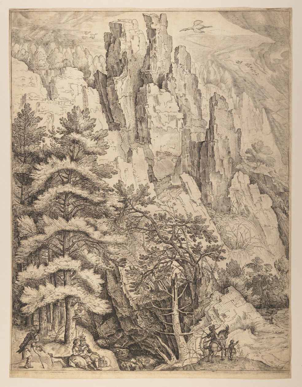 Bohemiskt landskap med par och jägare (vänster plåt) av Jacob Matham