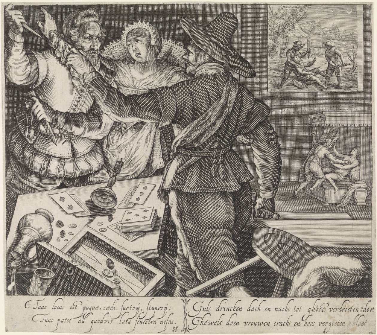 Kortspelare slåss med dragna vapen Slåss på en bordell The Effects of Drunkenness (serietitel) av Jacob Matham