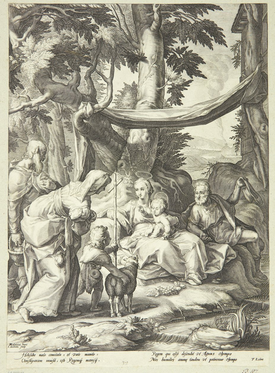 Den heliga familjen satt i ett landskap med Elizabeth, Zacharias och Johannes Döparen som barn av Jacob Matham