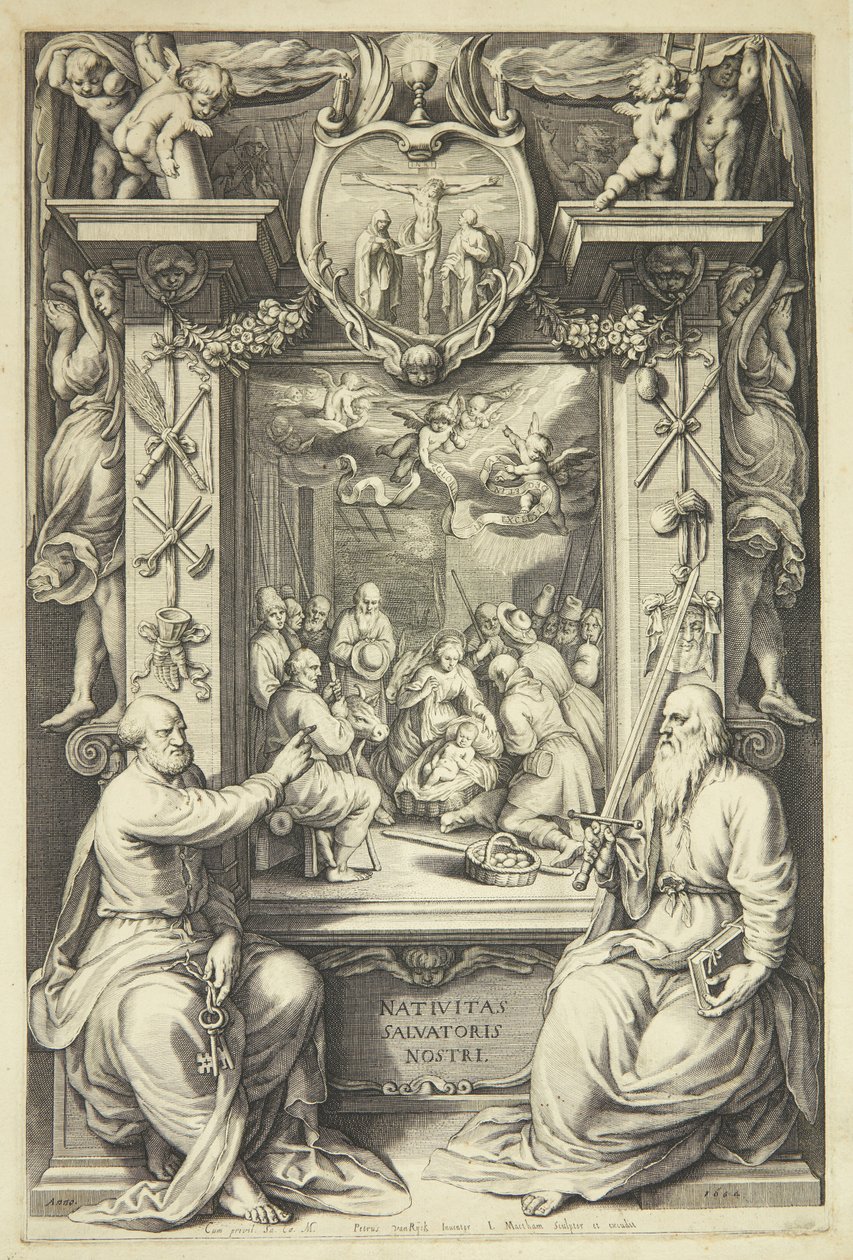 Tillbedjan av herdarna med Peter och Paulus i en allegorisk ram av Jacob Matham