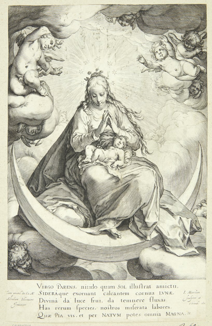 Jungfru Maria med Jesusbarnet på halvmånen, omgiven av änglar av Jacob Matham