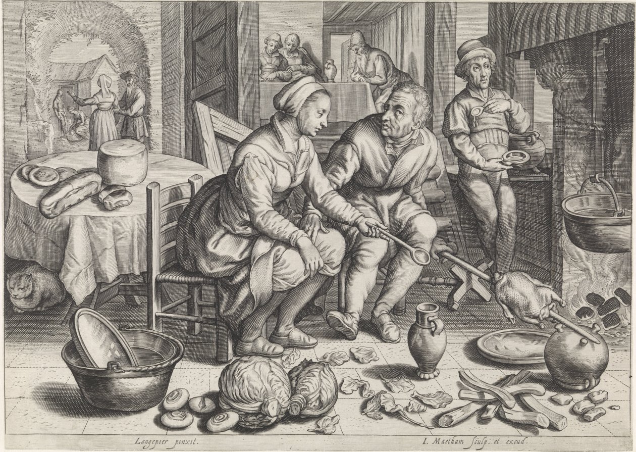 Köksbit med kyckling på spett Köks- och marknadsscener med bibliska scener (serietitel) av Jacob Matham