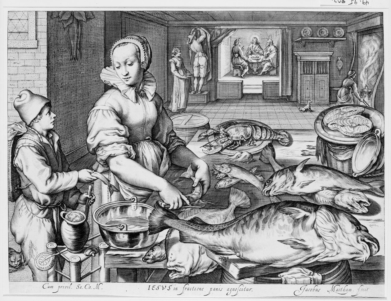 Köksscen med en kökspiga som tillagar fisk, Kristus i Emmaus i bakgrunden, ur Kök- och marknadsscener med bibliska scener i bakgrunden av Jacob Matham