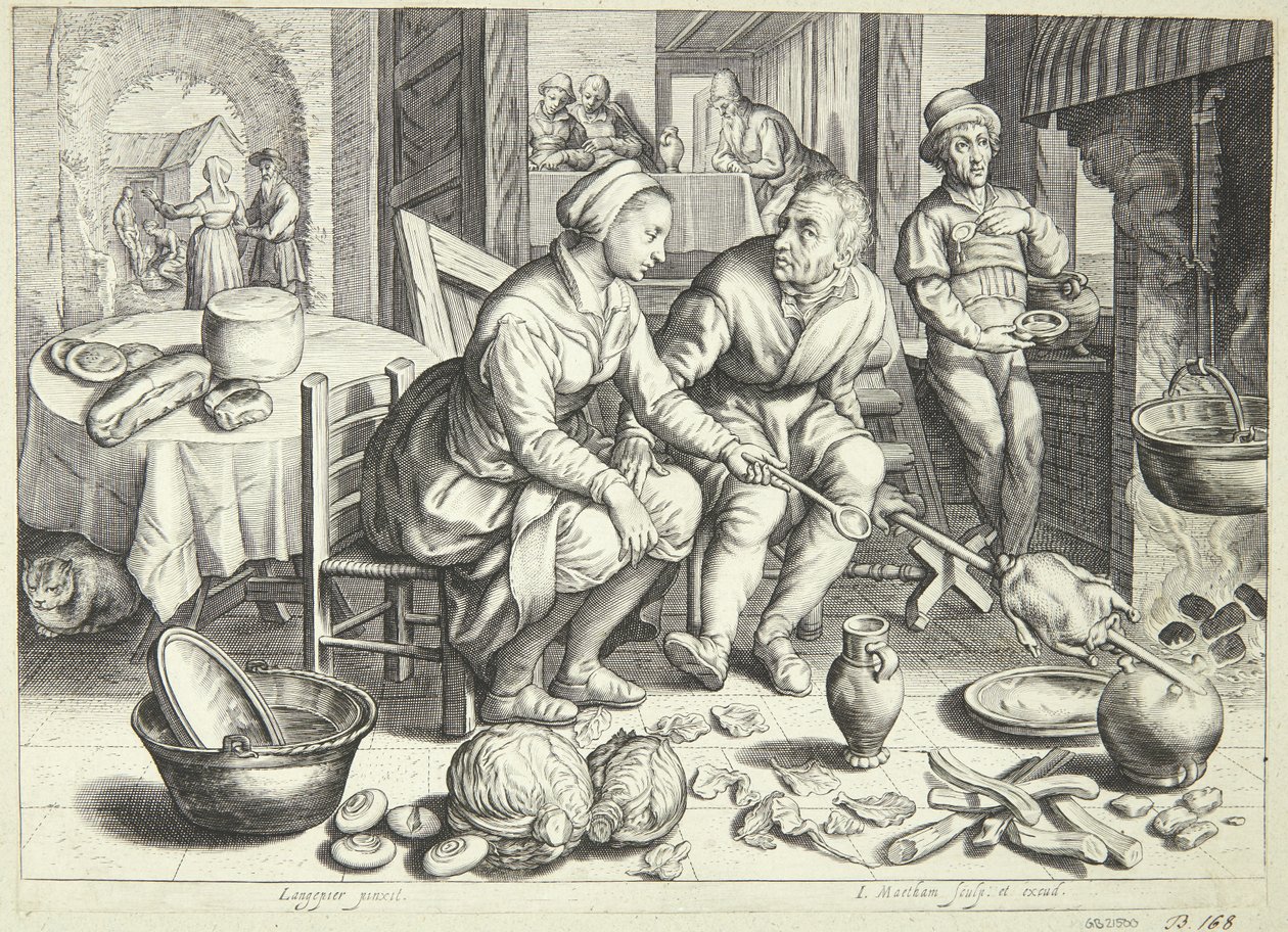 Köksscen med en man och en kvinna som steker en kyckling av Jacob Matham
