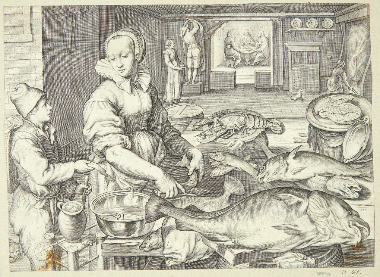 Köksscen med en köksdam som städar fisk av Jacob Matham