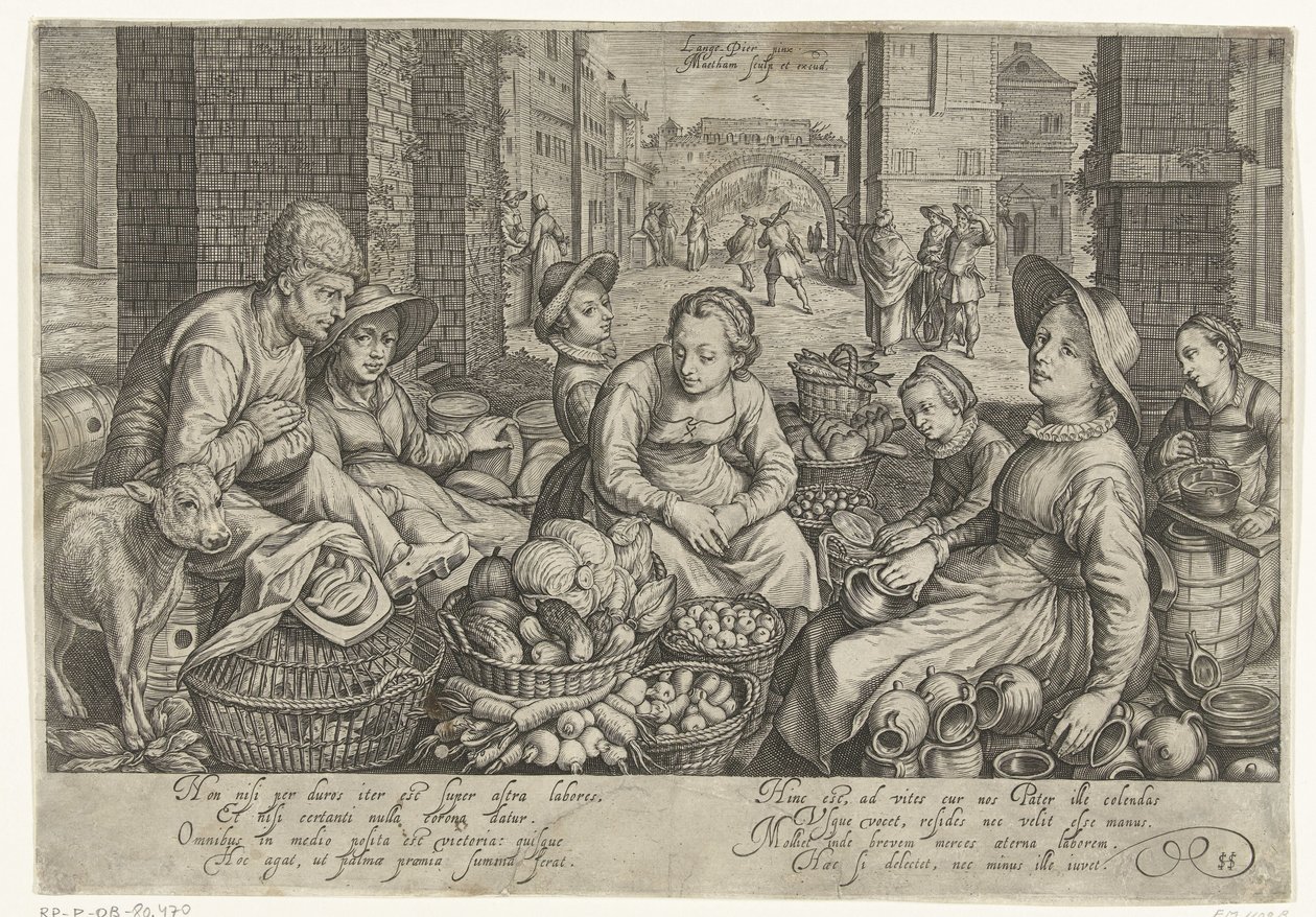 Marknadsscen med liknelsen om arbetarna i vingården i bakgrunden, ca 1600 av Jacob Matham