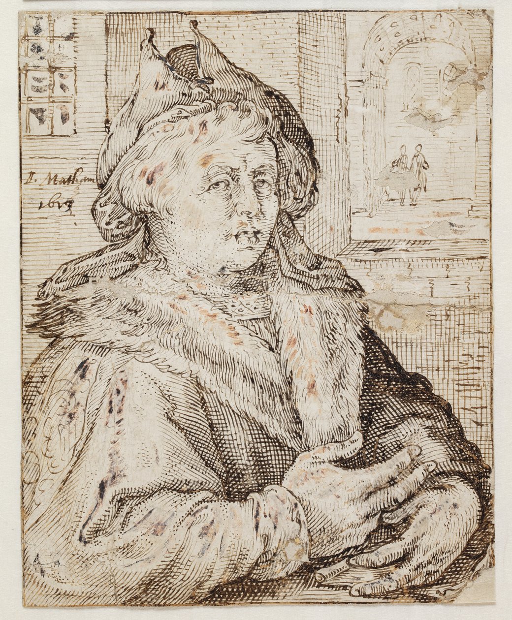 Porträtt av en man med hatt och pälsbrättad mantel, vänd mot h. T.h. genom en fönsteröppningsvy till andra rum av Jacob Matham