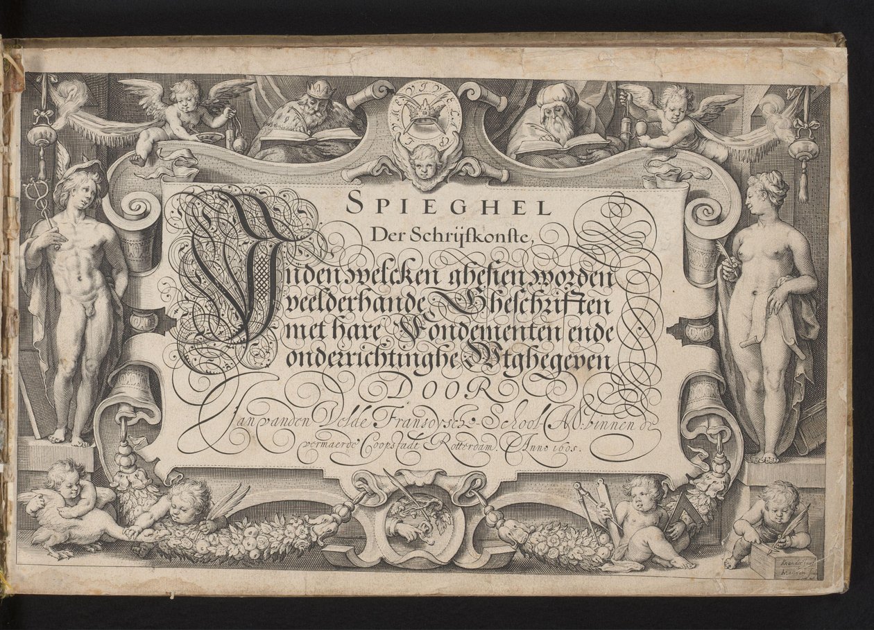 Titeltryck med allegorisk ram och kalligraferad titel Spegel av skrivkonsten, inden welcken ghesien många slags skrifter med dess grunder och utbildning ges ut (...) Rotterdam. Anno 1605 (serietitel på objekt) av Jacob Matham