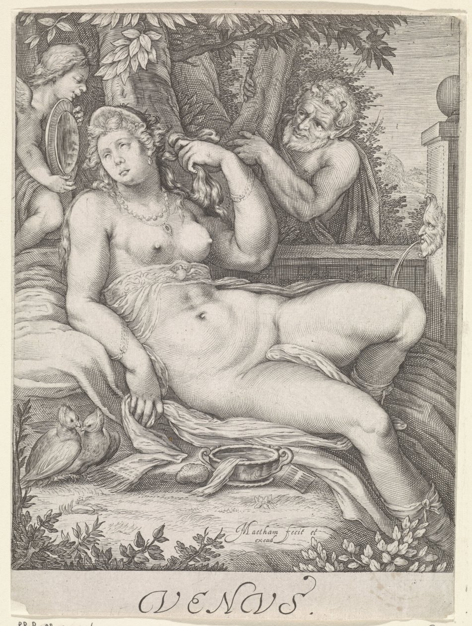 Venus spioneras av en satyr Venus (titel på objekt) av Jacob Matham