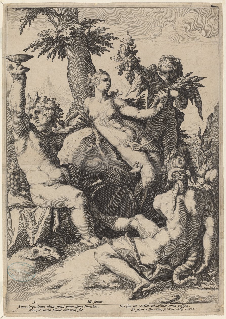 Allians av Venus med Bacchus och Ceres av Jacob Matham, after Hendrick Goltzius
