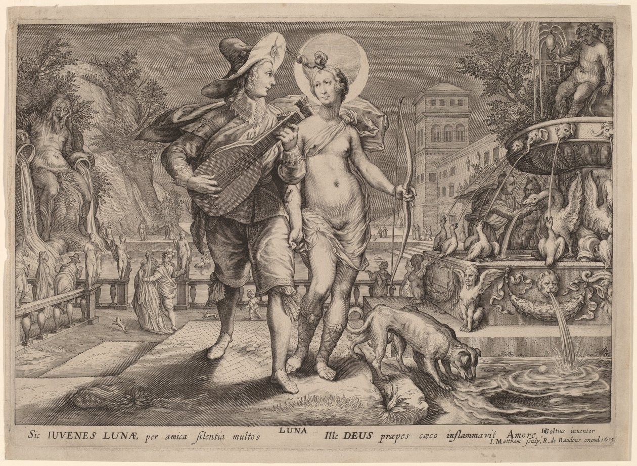 Diana som Luna som ackompanjerar en ung man som serenad av Jacob Matham, after Hendrik Goltzius