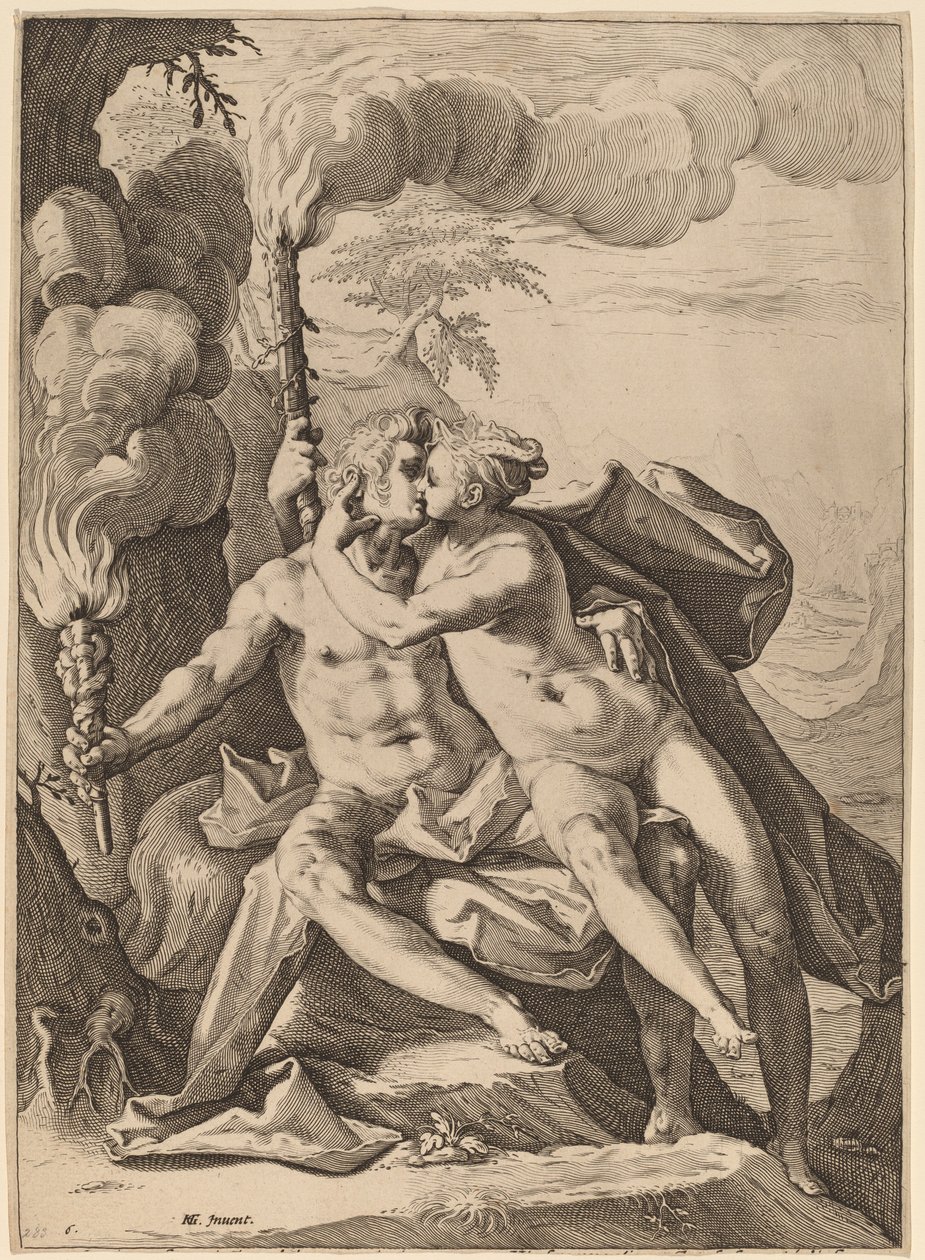 Eros och Anteros av Jacob Matham after Hendrik Goltzius