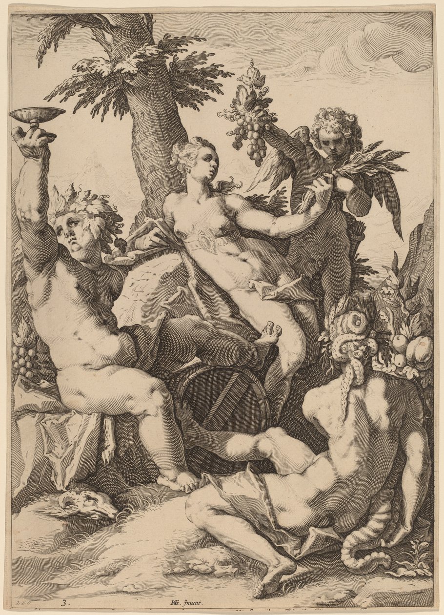 Venus, Bacchus och Ceres av Jacob Matham after Hendrik Goltzius