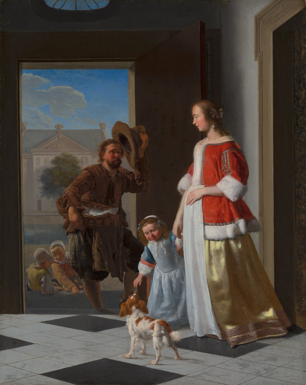 En fiskhandlare vid dörren, 1663 (olja på duk på panel) av Jacob Lucasz Ochtervelt