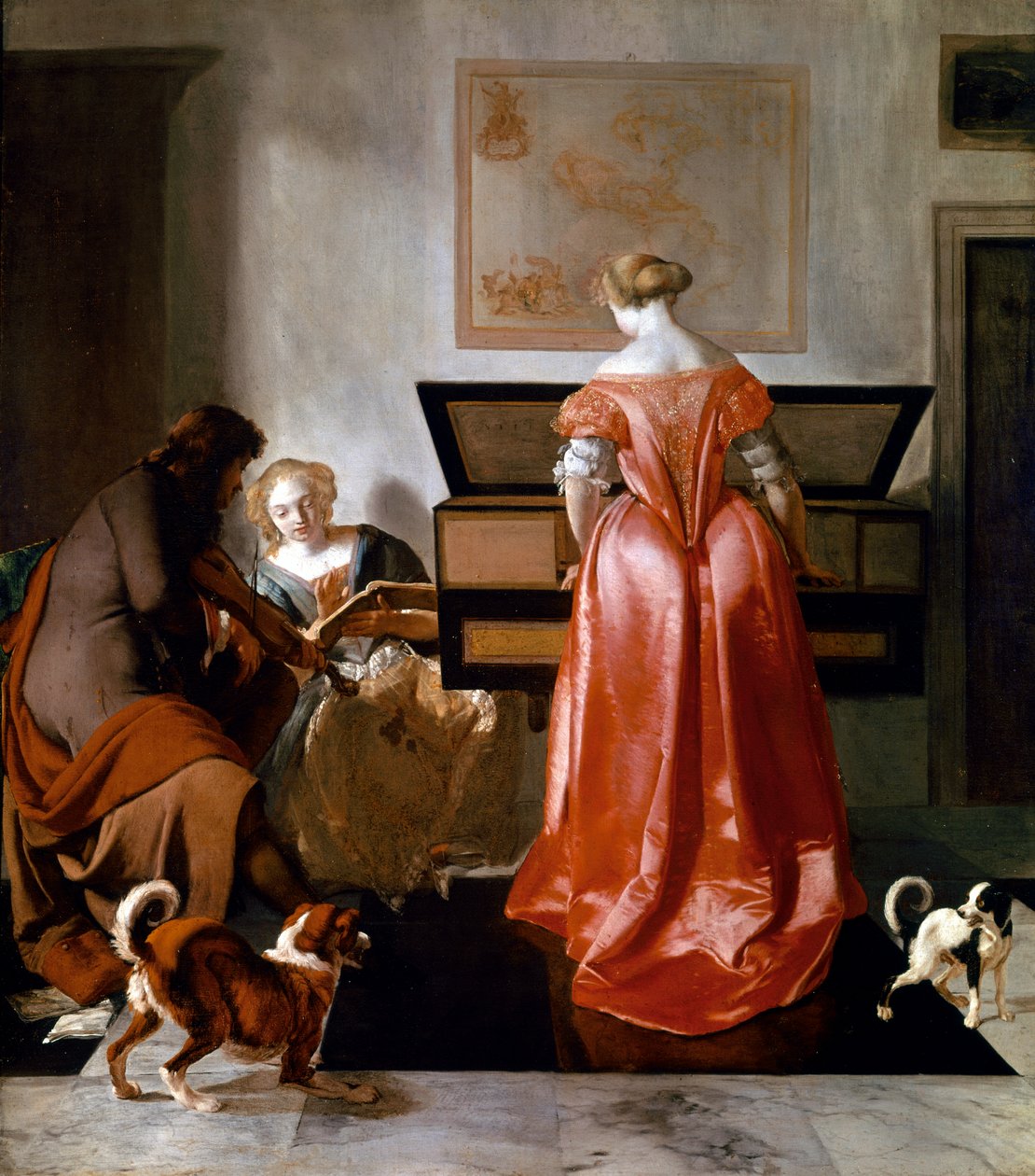En kvinna spelar på en virginal, en annan sjunger och en man spelar violin. 1675-1682. (olja på duk) av Jacob Ochtervelt