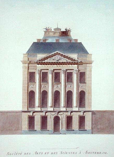 Society of Arts and Sciences, Amsterdam, från "Val av de mest framstående monumenten, byggnaderna och husen i kungariket Nederländerna" av Pierre Jacques Goetghebuer, publicerad 1827 (akvatint) av Jacob Otten Husly