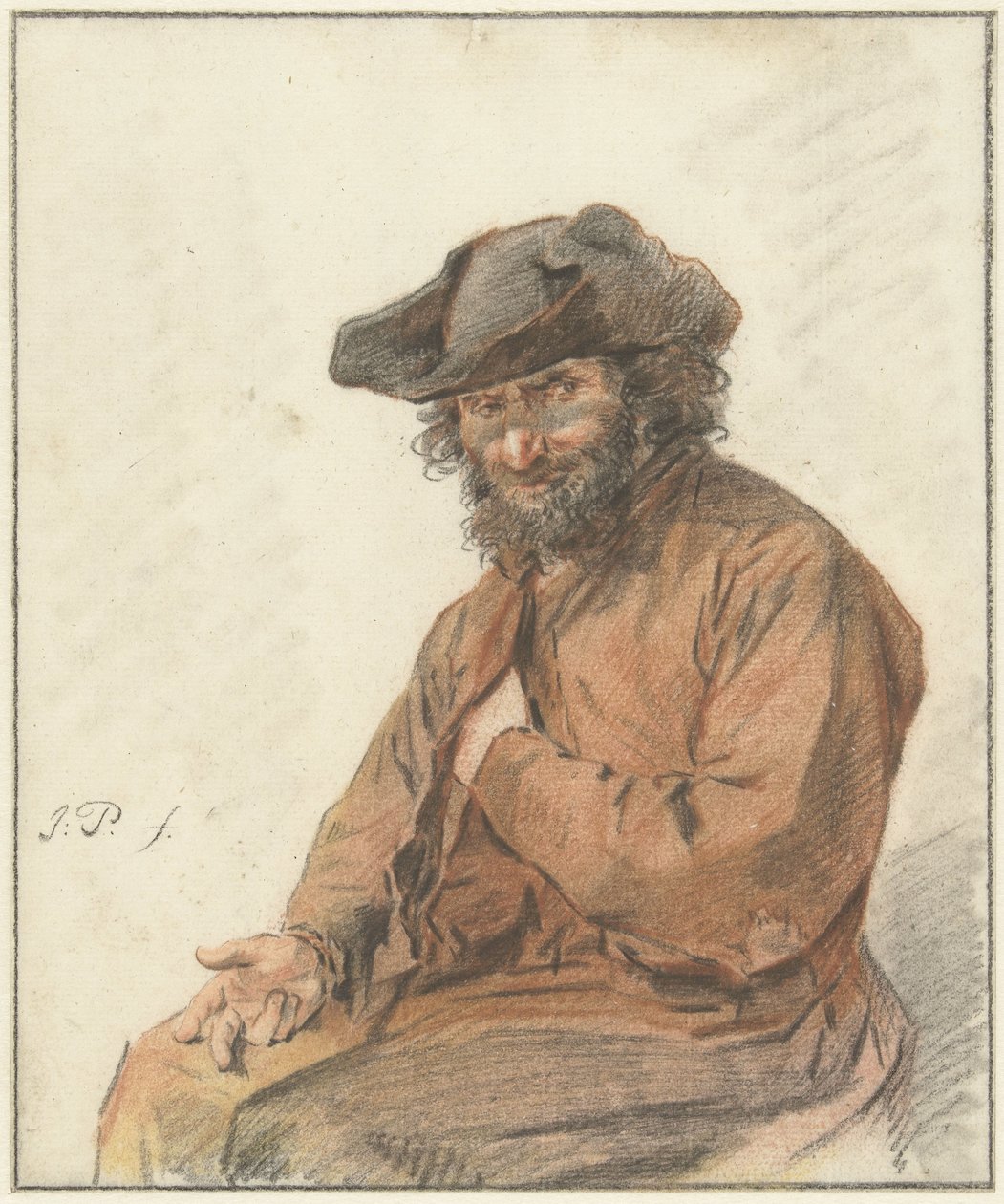 Sittande man med långt lockigt hår och svart hatt av Jacob Perkois