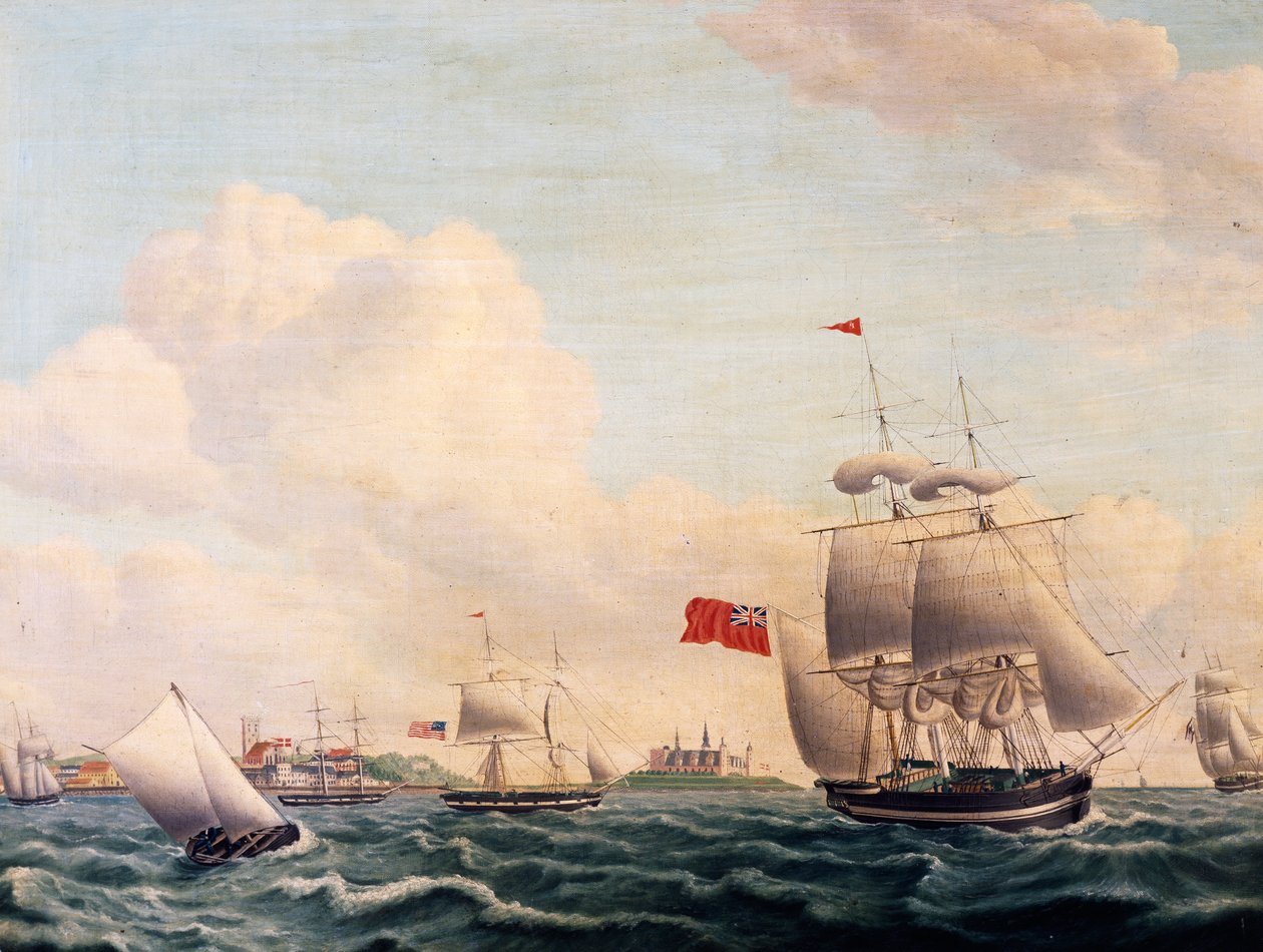 Fartyg som seglar genom Öresund mellan Sverige och Danmark med Kronborgs slott i bakgrunden av Jacob Petersen