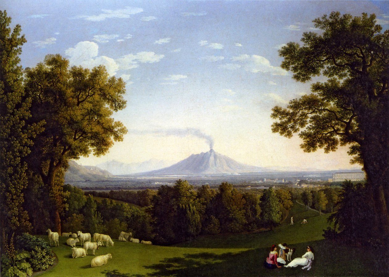 Landskap med palatset vid Caserta med Vesuvius av Jacob Philipp Hackert