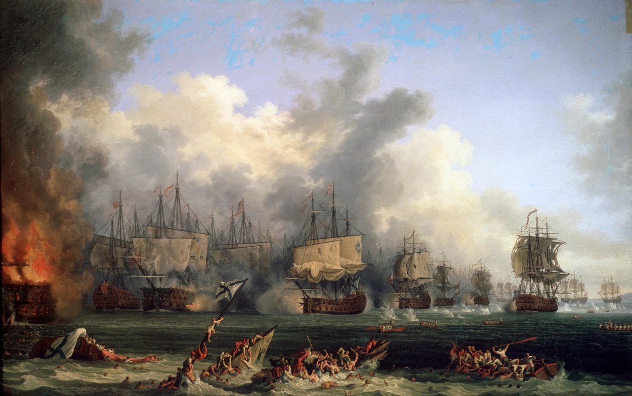Det ryska slagskeppet St. Evstafius förlisning i sjöslaget vid Chesma, 1771. av Jacob Philipp Hackert
