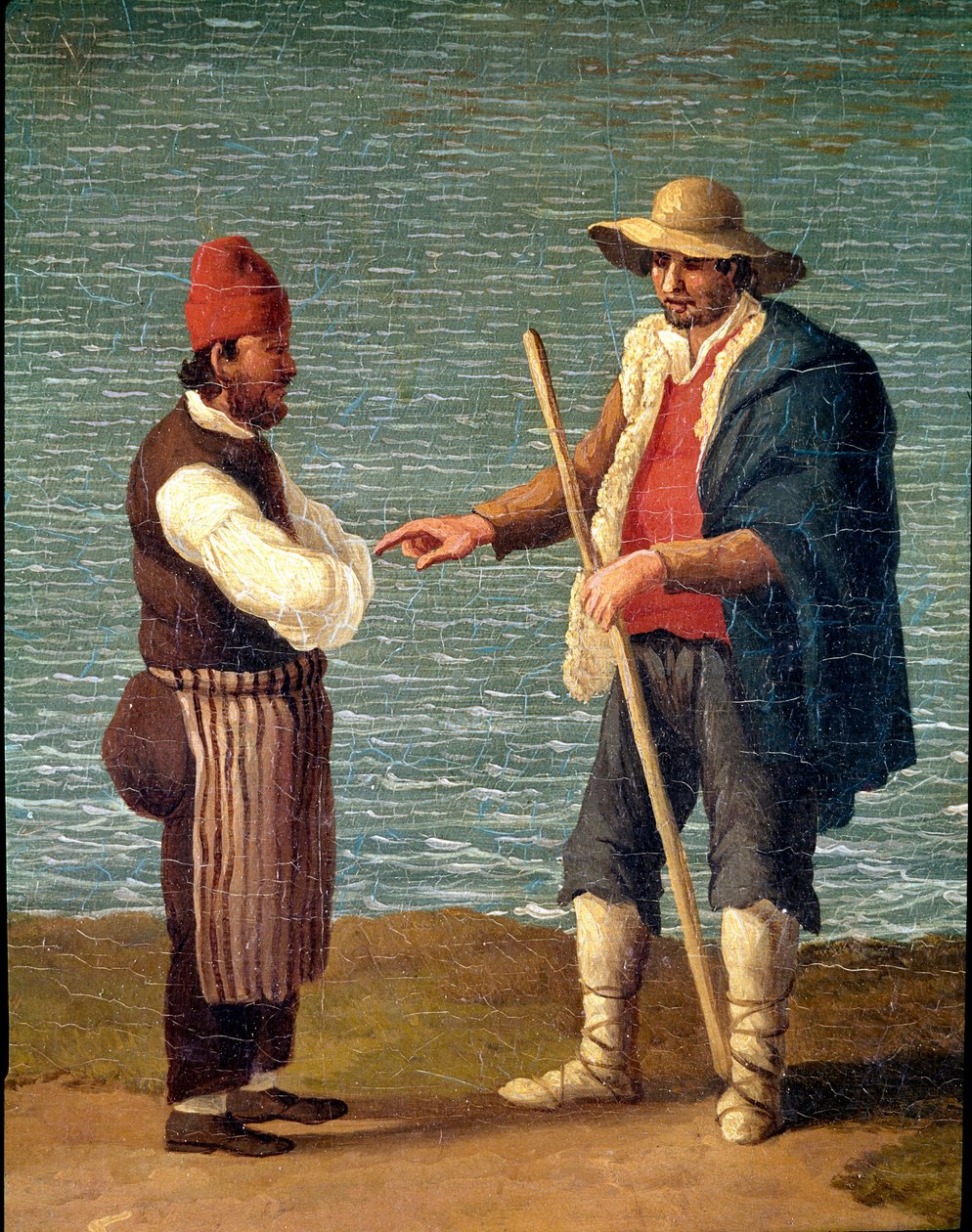 En herde och en köpman i hamnen i Monopoli, Puglia, Italien (herde och köpman i Monopoli) Målning av Jacob Philipp Hackert dit Hackert d