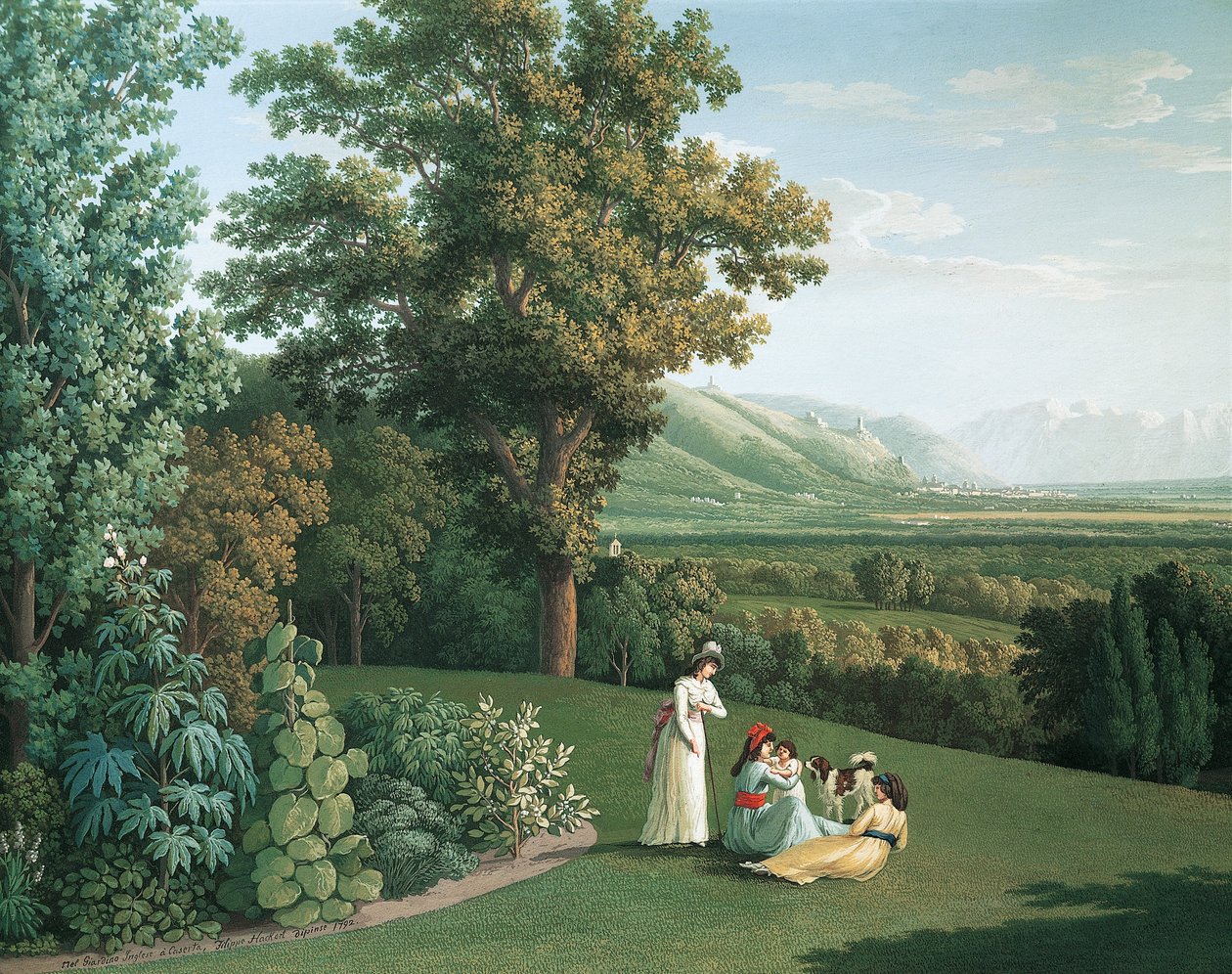 Engelsk trädgård på Palace of Caserta (olja på duk) av Jacob Philippe Hackert