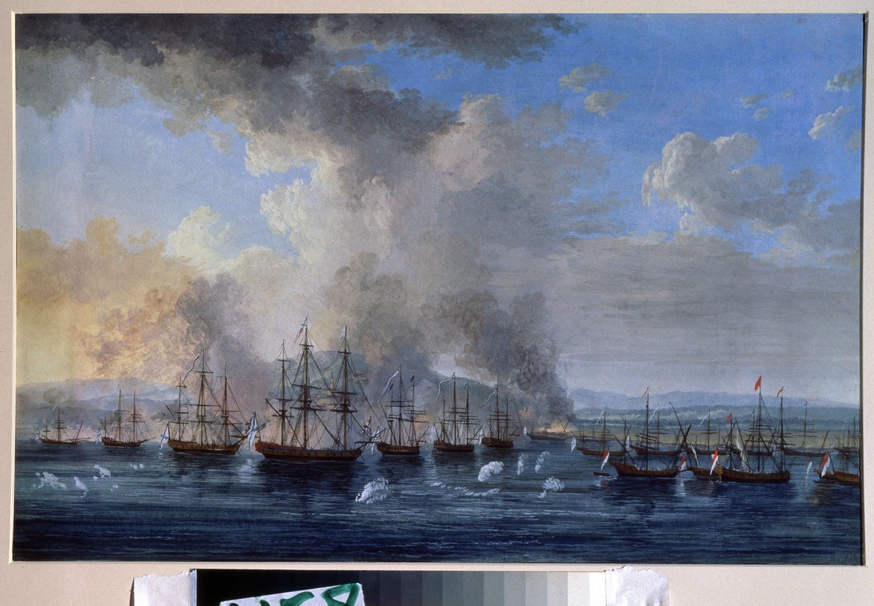 Rysk-osmanska kriget: ""Sjöslaget vid Damietta 1770"" (Sjöslaget vid Damietta 1770) Det motsatte sig flottorna från Katarina II:s Ryssland och Osmanska riket (Orloffs revolution eller expedition av bröderna Orloff). Måla av Jacob Philippe Hackert