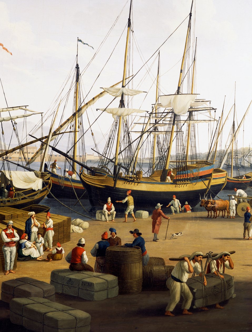 Longshoremen, detalj av utsikten över hamnen i Messina från Palazzo del Senato av Jacob Philippe Hackert