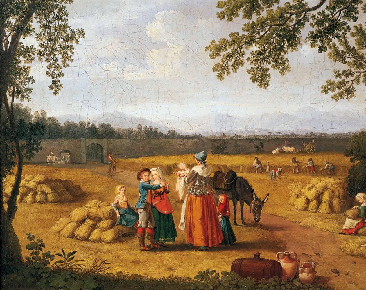 Kungafamiljen skördar på Carditello Estate (olja på duk) av Jacob Philippe Hackert